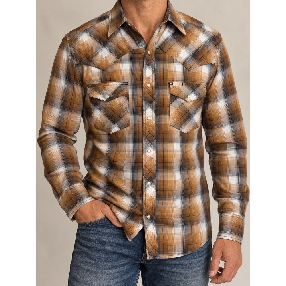 Wrangler Western Shirt Men's S Brown, Orange Plaid Pearl Snap Long Sleeve Cowboy
